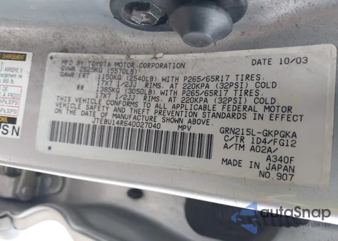 2004 Toyota 4Runner Sr5 V6 из США, поврежденный, VIN JTEBU14R640027040